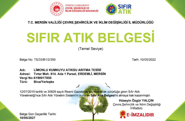 MESKİ LİMONLU-KUMKUYU ATIKSU ARITMA TESİSİ’NE ‘SIFIR ATIK BELGESİ’