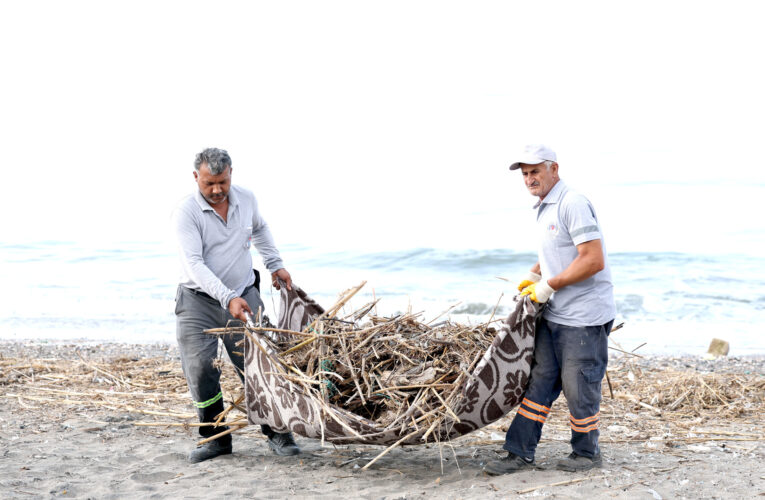 KAZANLI SAHİLİNDE BİRİKEN TONLARCA KARGI VE TARIMSAL ATIK TOPLANDI